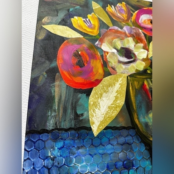 Painting Original Art Mixed Media Acrylic Collage on Canvas 12x16 Floral signed - Picture 4 of 12